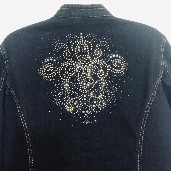 Chicos Platinum Blue Denim Jacket Gold Silver Studded Stretch L - Picture 9 of 10